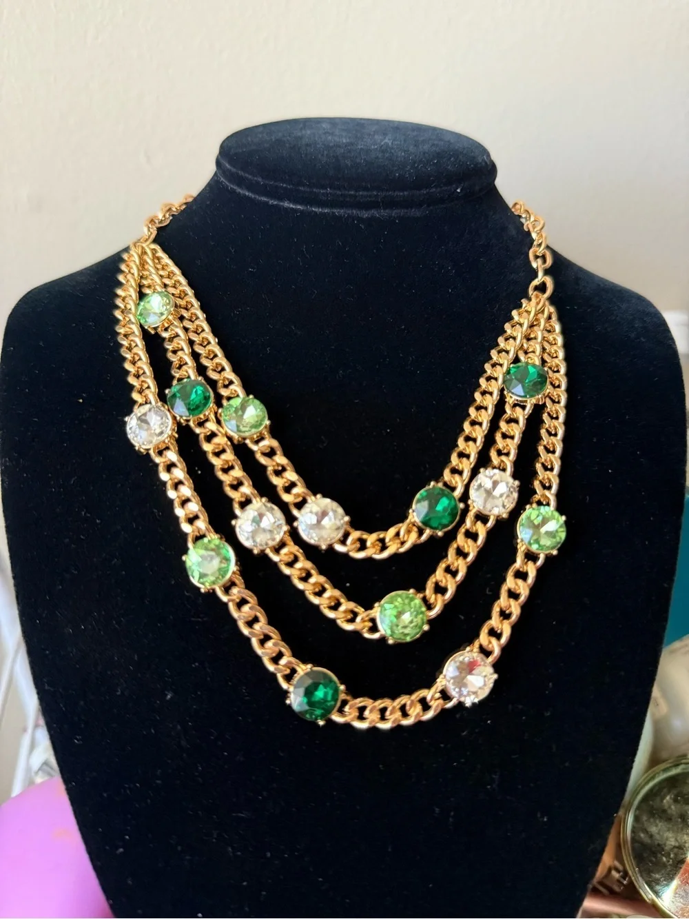 Gold Multi-Strand Necklace with Green and Clear Crystal Accents